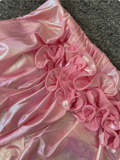 Irisierendes Pink Meerjungfrau One-Shoulder 3D Blumen Schlitz Satin Langes Ballkleid Abendkleid P4531
