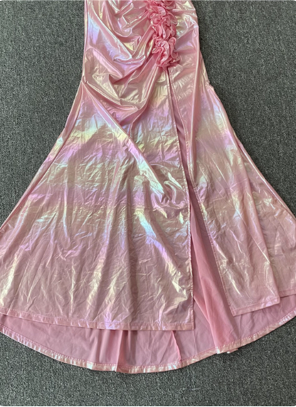 Irisierendes Pink Meerjungfrau One-Shoulder 3D Blumen Schlitz Satin Langes Ballkleid Abendkleid P4531