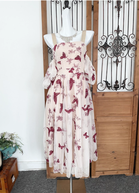 Sweet Butterfly Printed Strap Puff Sleeve Midi-length Tulle Prom Dress Evening Dress P4532