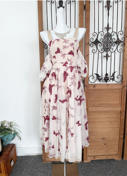 Süßes Schmetterlingsdruck Träger Puffärmel Midi-langes Tüll Ballkleid Abendkleid P4532