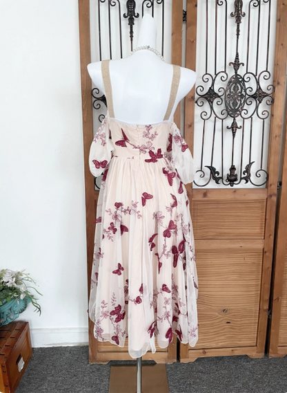 Süßes Schmetterlingsdruck Träger Puffärmel Midi-langes Tüll Ballkleid Abendkleid P4532