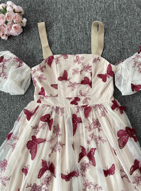 Sweet Butterfly Printed Strap Puff Sleeve Midi-length Tulle Prom Dress Evening Dress P4532