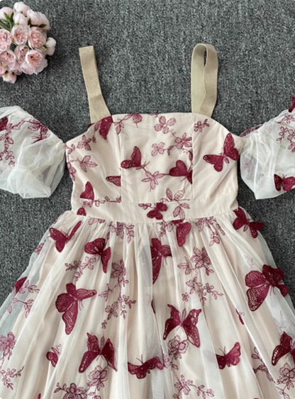 Süßes Schmetterlingsdruck Träger Puffärmel Midi-langes Tüll Ballkleid Abendkleid P4532
