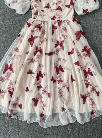 Süßes Schmetterlingsdruck Träger Puffärmel Midi-langes Tüll Ballkleid Abendkleid P4532