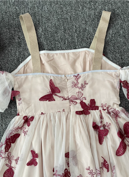 Süßes Schmetterlingsdruck Träger Puffärmel Midi-langes Tüll Ballkleid Abendkleid P4532