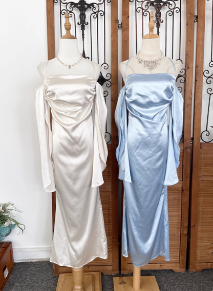 Elegantes elfenbeinfarbenes Neckholder-Off-Shoulder figurbetontes Satin-Abendkleid P4534