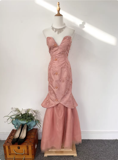 Gorgeous Princess Pink Mermaid Sweetheart Neck Embroidered Floral Satin Tulle Long Prom Dress Evening Dress P4535