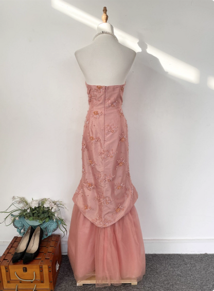 Wunderschönes Prinzessin Pink Meerjungfrau Neckholder Besticktes Blumen Satin Tüll Langes Ballkleid Abendkleid P4535