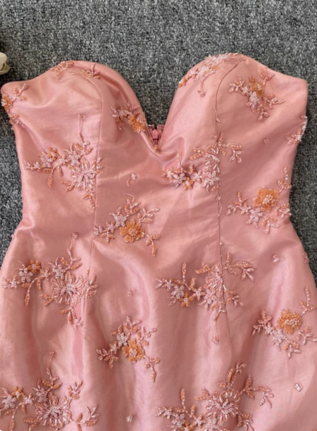 Gorgeous Princess Pink Mermaid Sweetheart Neck Embroidered Floral Satin Tulle Long Prom Dress Evening Dress P4535