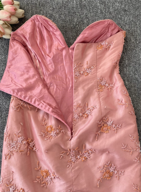 Gorgeous Princess Pink Mermaid Sweetheart Neck Embroidered Floral Satin Tulle Long Prom Dress Evening Dress P4535