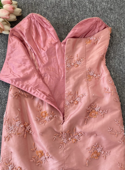 Wunderschönes Prinzessin Pink Meerjungfrau Neckholder Besticktes Blumen Satin Tüll Langes Ballkleid Abendkleid P4535