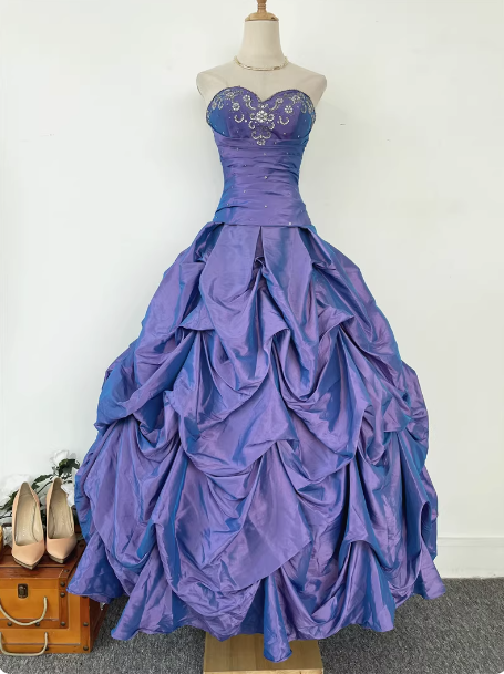 Vintage Princess Purple-blue Sweetheart Neck Satin Ruched Long Ball Gown Evening Dress P4536