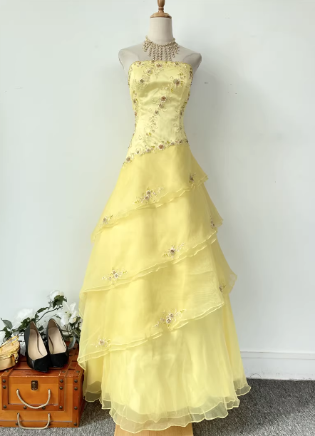 Sweet Princess Yellow A-line Strapless Beaded Embroidered Tulle Long Prom Dress Evening Dress P4537