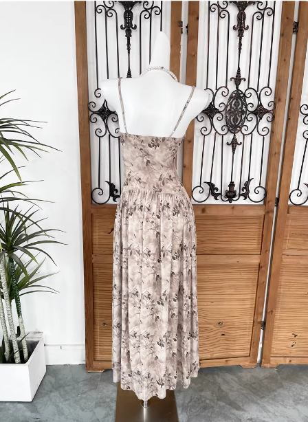 Beautiful Milk Tea Color Spaghetti Strap V-neck Printed Satin Long Prom Dress Evening Dress P4538