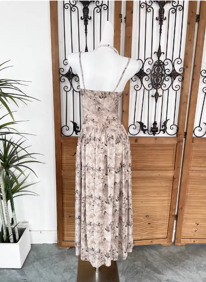 Wunderschönes Milch-Tee-farbenes Spaghetti-Träger-Kleid mit V-Ausschnitt, bedruckt, aus Satin, langes Ballkleid, Abendkleid P4538