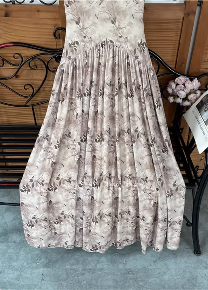 Wunderschönes Milch-Tee-farbenes Spaghetti-Träger-Kleid mit V-Ausschnitt, bedruckt, aus Satin, langes Ballkleid, Abendkleid P4538