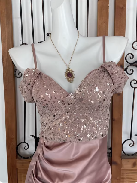 Elegant Pink Spaghetti Strap V-neck Off-the-shoulder Slit Sequin Satin Long Prom Dress Evening Dress P4539