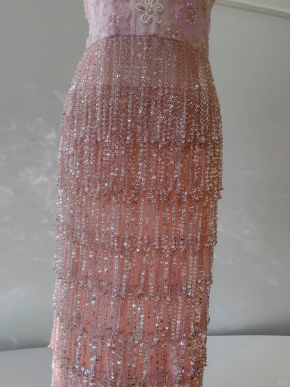 Wunderschönes pinkes, schmales, eckiges Dekolleté, 3D-Blumen-Pailletten-Fransen, langes Ballkleid, Abendkleid P4054