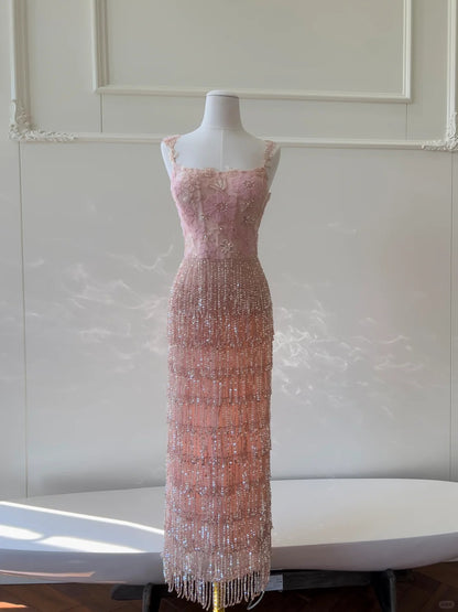 Wunderschönes pinkes, schmales, eckiges Dekolleté, 3D-Blumen-Pailletten-Fransen, langes Ballkleid, Abendkleid P4054