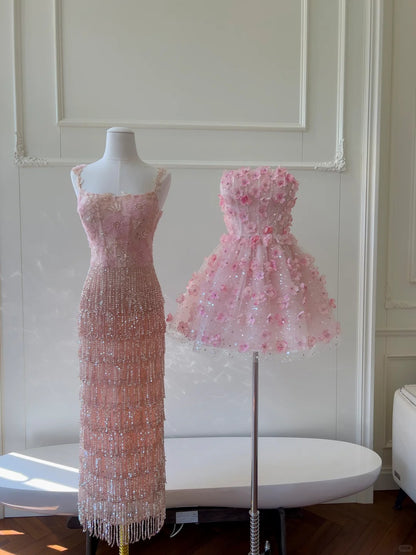 Wunderschönes pinkes, schmales, eckiges Dekolleté, 3D-Blumen-Pailletten-Fransen, langes Ballkleid, Abendkleid P4054