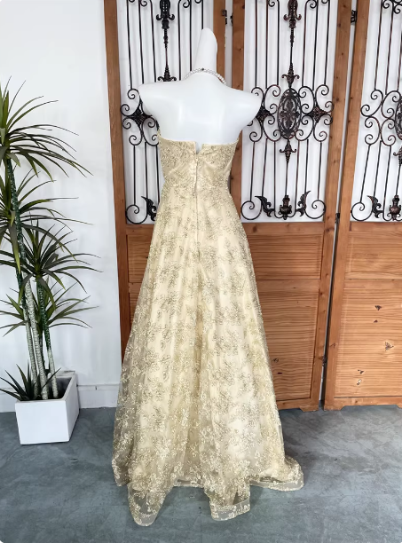 Luxurious Champagne Gold A-line Strapless Embroidered Lace Tulle Long Prom Dress Evening Dress P4540