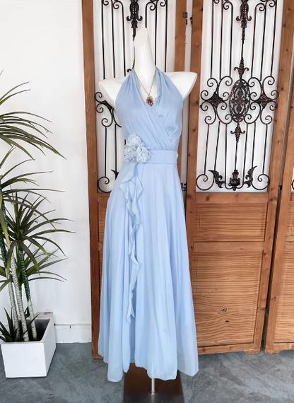 Elegantes hellblaues A-Linien-Neckholder-V-Ausschnitt 3D-Blumen Chiffon langes Ballkleid Abendkleid P4541