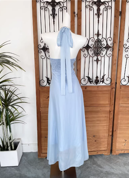 Elegant Light Blue A-line Halter V-neck 3D Floral Chiffon Long Prom Dress Evening Dress P4541