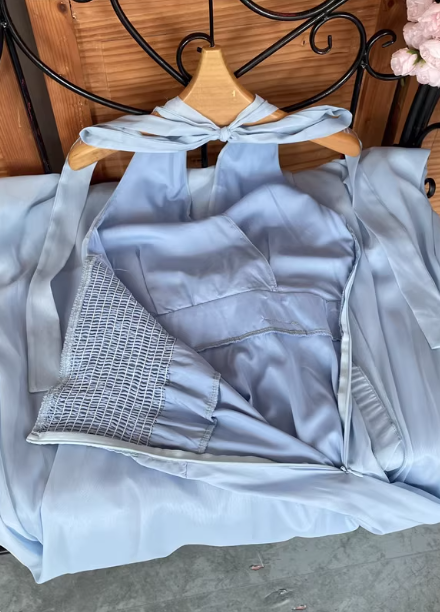 Elegant Light Blue A-line Halter V-neck 3D Floral Chiffon Long Prom Dress Evening Dress P4541