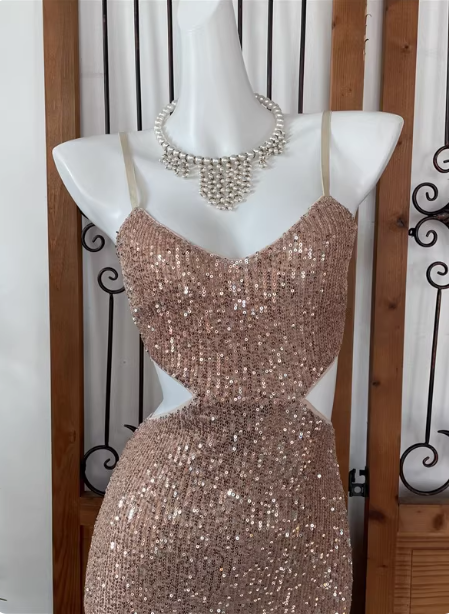 Sexy Champagne Pink Mermaid Spaghetti Strap Waist Cutout Sequin Long Prom Dress Evening Dress P4542