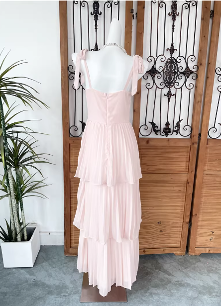 Sweet Pink Multi-layered Tiered Bow Strap Chiffon Long Prom Dress Evening Dress P4544
