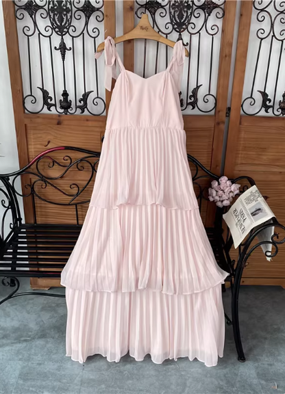 Süßes rosafarbenes mehrlagiges, gestuftes Chiffon-Maxi-Abendkleid mit Schleifenträgern P4544