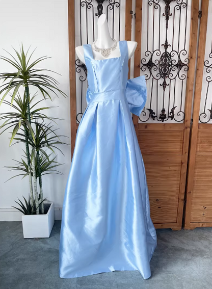 Prinzessin Elegantes Blaues Quadratisches Dekolleté Schleife Satin Langes Ballkleid Abendkleid P4545