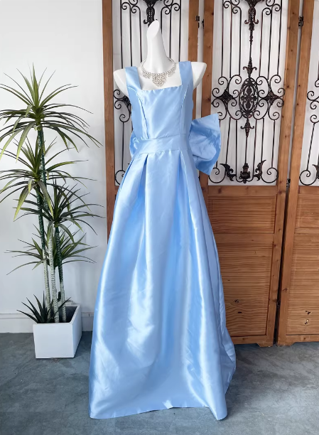 Princess Elegant Blue Square Neck Bow Satin Long Prom Dress Evening Dress P4545