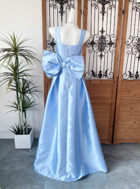 Princess Elegant Blue Square Neck Bow Satin Long Prom Dress Evening Dress P4545