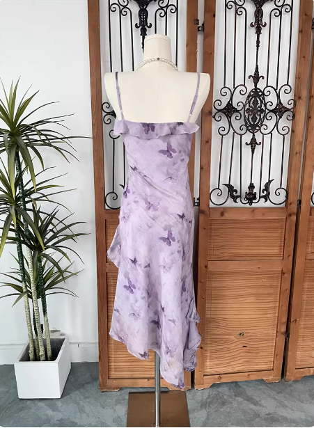 Beautiful Light Purple Spaghetti Strap Butterfly Printed Chiffon Prom Dress P4546