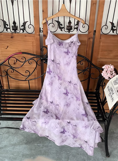 Beautiful Light Purple Spaghetti Strap Butterfly Printed Chiffon Prom Dress P4546