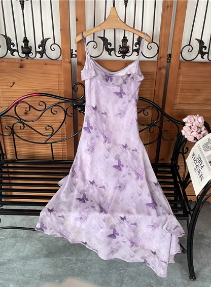 Wunderschönes, hellviolettes Chiffon-Ballkleid mit Spaghettiträgern und Schmetterlingsdruck P4546