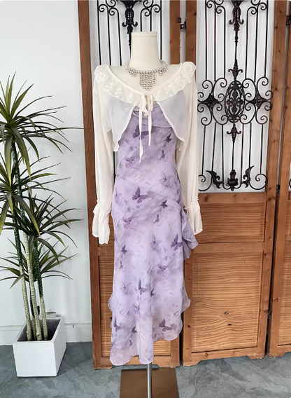 Wunderschönes, hellviolettes Chiffon-Ballkleid mit Spaghettiträgern und Schmetterlingsdruck P4546
