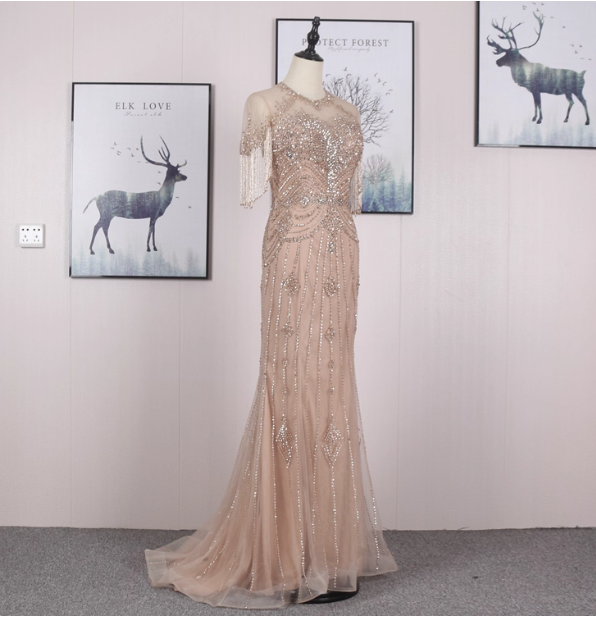 Gorgeous Nude Pink Mermaid Crew Neck Fringed Sleeve Beaded Tulle Train Prom Dress Evening Dress P4547