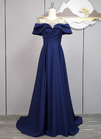 Elegantes, marineblaues, perlenbesetztes Satin-Ballkleid mit Schleppe Abendkleid P4548