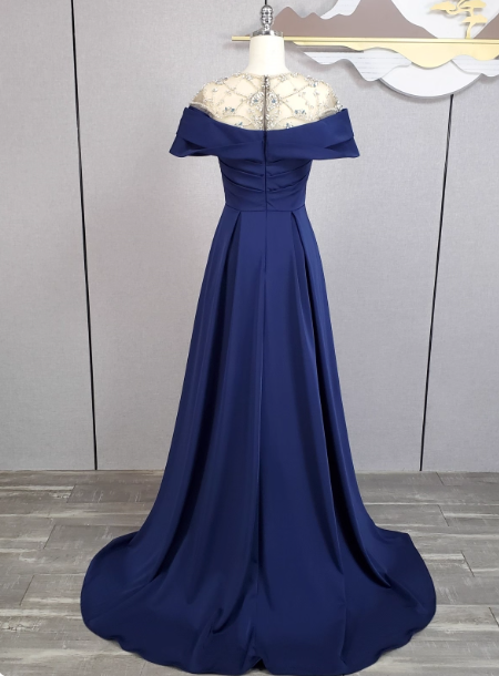 Elegant Navy Blue Train Beaded Satin Prom Dress Evening Dress P4548