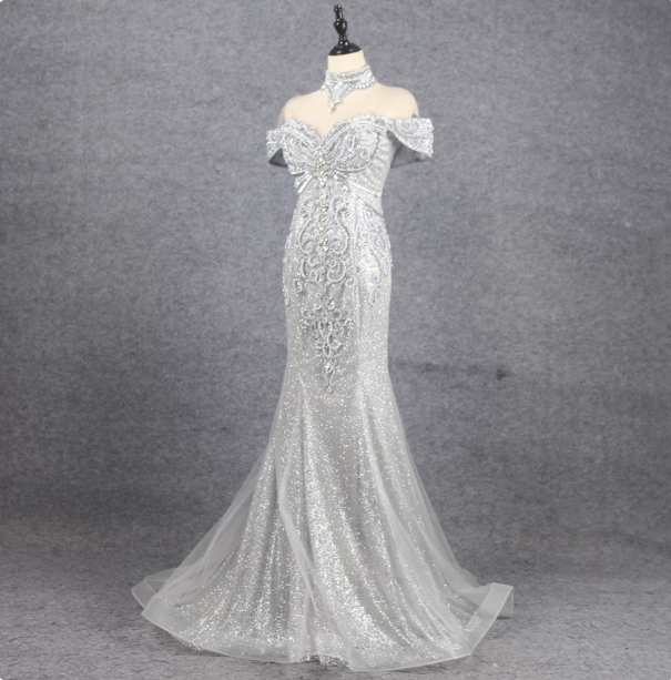 Gorgeous Silver Mermaid Off-the-shoulder Beaded Sparkly Tulle Train Prom Dress Evening Dress P4549
