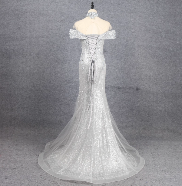 Gorgeous Silver Mermaid Off-the-shoulder Beaded Sparkly Tulle Train Prom Dress Evening Dress P4549
