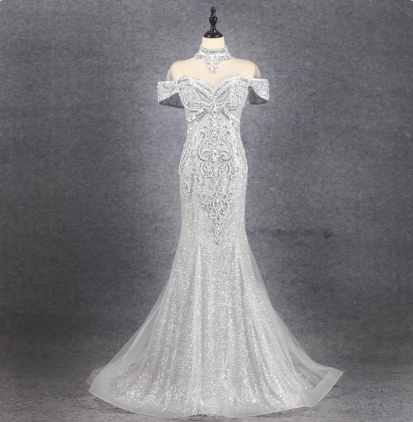 Gorgeous Silver Mermaid Off-the-shoulder Beaded Sparkly Tulle Train Prom Dress Evening Dress P4549