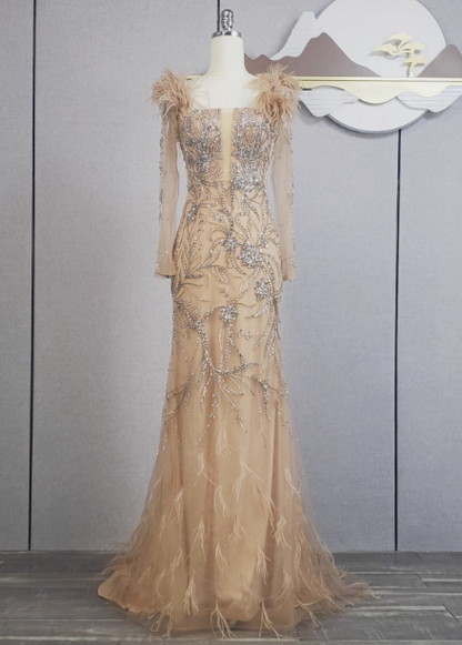 Vintage Champagner Meerjungfrau Langarm Carré-Ausschnitt Feder Perlen Tüll Langes Abschlussballkleid Abendkleid P4550