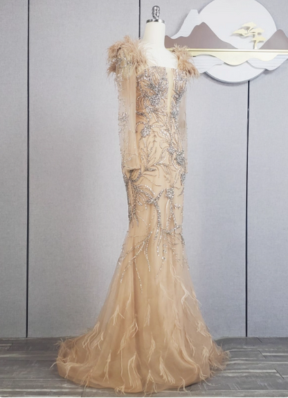Vintage Champagner Meerjungfrau Langarm Carré-Ausschnitt Feder Perlen Tüll Langes Abschlussballkleid Abendkleid P4550