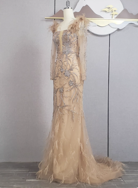 Vintage Champagne Mermaid Long Sleeve Square Neck Feather Beaded Tulle Long Prom Dress Evening Dress P4550