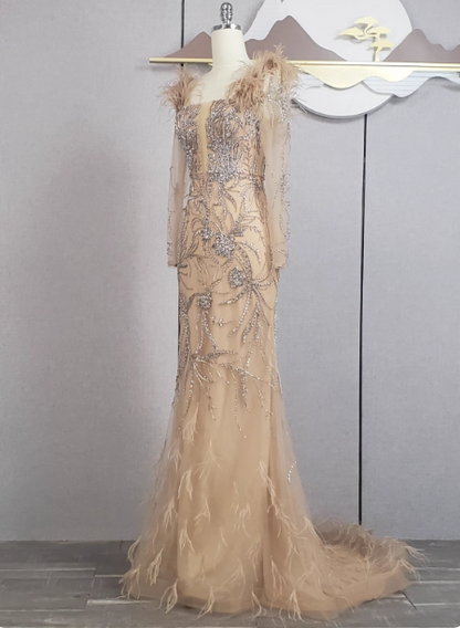 Vintage Champagner Meerjungfrau Langarm Carré-Ausschnitt Feder Perlen Tüll Langes Abschlussballkleid Abendkleid P4550