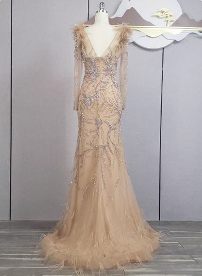 Vintage Champagner Meerjungfrau Langarm Carré-Ausschnitt Feder Perlen Tüll Langes Abschlussballkleid Abendkleid P4550