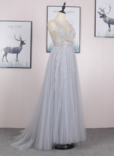 Dreamy Princess A-line V-neck Train Sequin Tulle Prom Dress Evening Dress P4551